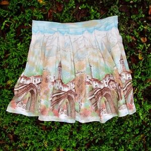 genuine vintage 1950s novelty scenic border print skirt volup, 44" waist, Alpine